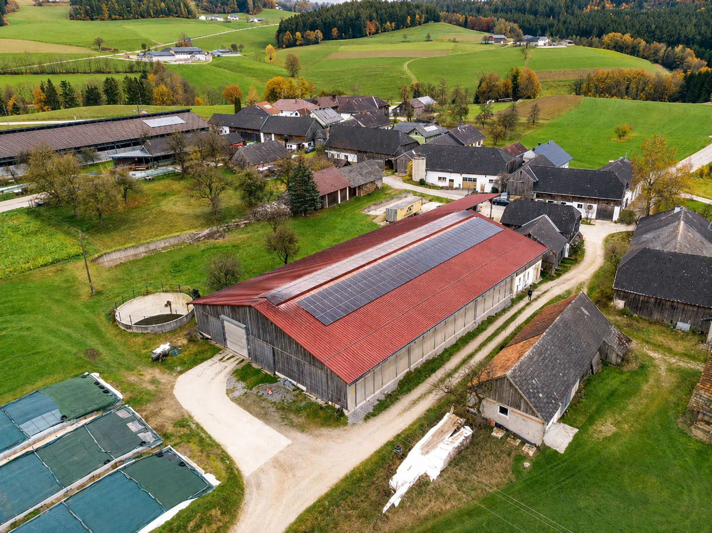 PV Anlage auf Kuhstall in der Vogelperspektive